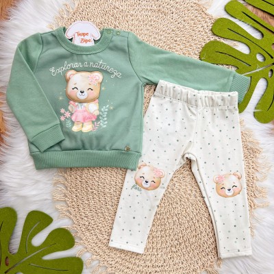 Conj. Casaco de Moletom Explorar a Natureza e Calça Legging Ursinha - Verde e Areia